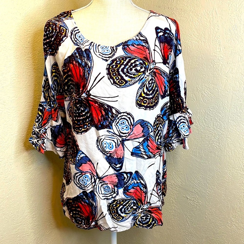 World Market White With Black, Blue, Red Butterfly Blouse
